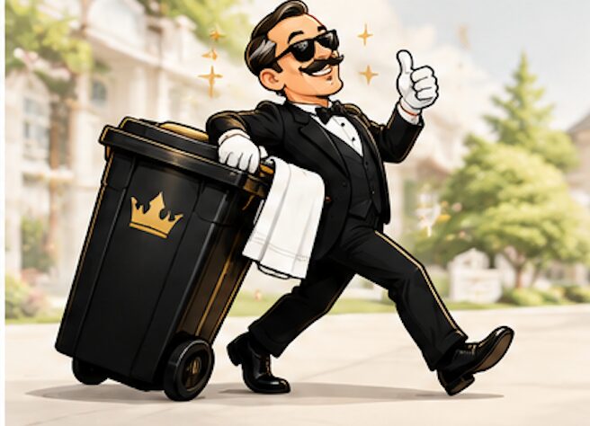 Butlers Bin butler mascot rolling a trash bin